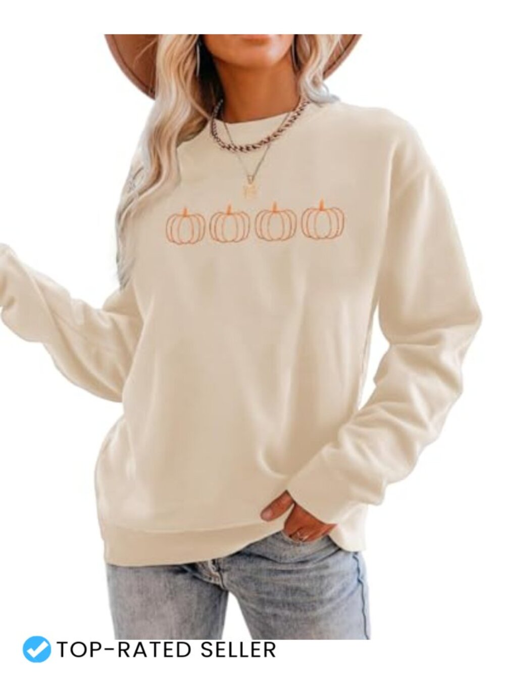 Pumpkin Embroidered Crewneck Sweatshirt Long Sleeve Pullover Women Fall Autumn